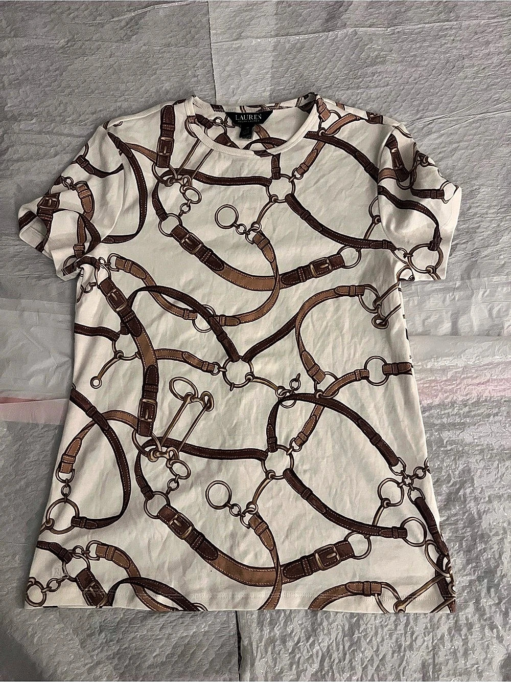 Lauren Chain Print Short Sleeve Top in Cream & Brown